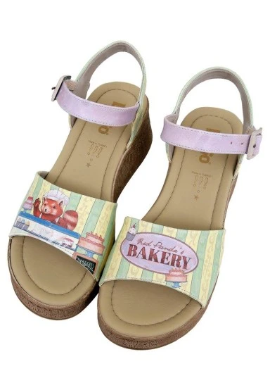 Femme Cuir Vegan Multicolore Sandales Compensées - Red Pandas Bakery Motif - 