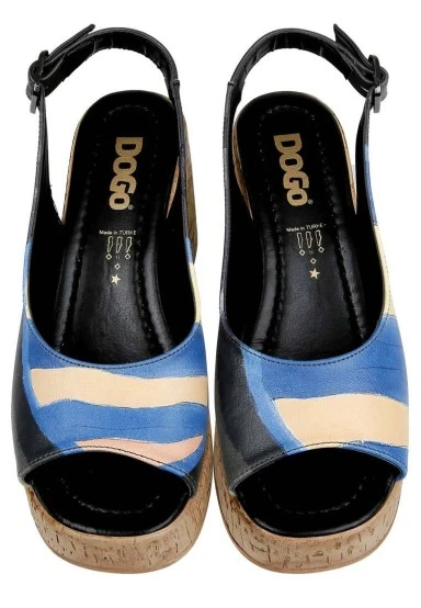 Femme Cuir Vegan Noir Sandales Compensées - Window Motif - 
