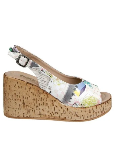 Femme Cuir Vegan Blanc Sandales Compensées - Minimal Crisis Motif - 