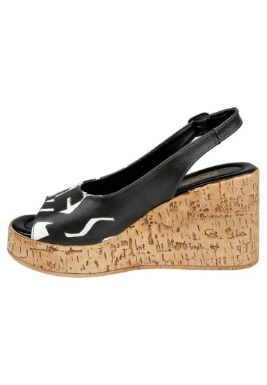 Femme Cuir Vegan Noir Sandales Compensées - Supper Motif - 