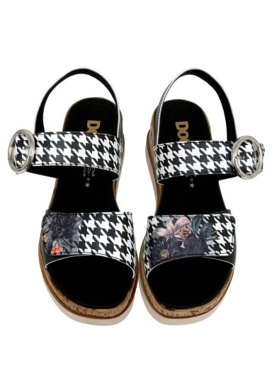 Femme Cuir Vegan Noir Sandales Compensées - Black Majestic Garden Motif - 