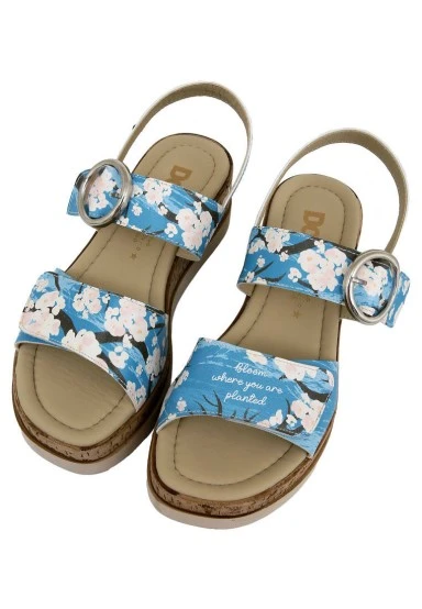 Femme Cuir Vegan Bleu Sandales Compensées - Bloom Where You Are Planted Motif - 