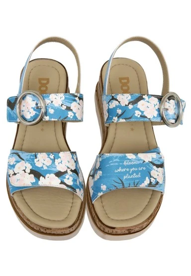 Femme Cuir Vegan Bleu Sandales Compensées - Bloom Where You Are Planted Motif - 