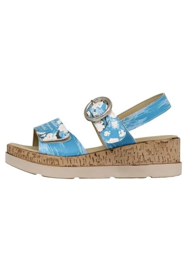 Femme Cuir Vegan Bleu Sandales Compensées - Bloom Where You Are Planted Motif - 