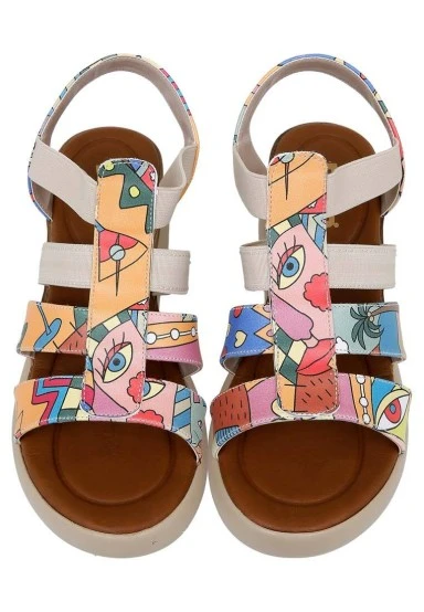 Femme Cuir Vegan Multicolore Sandales Compensées - Artsy Motif - 