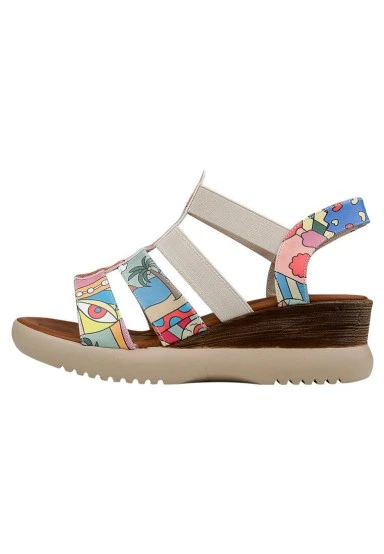 Femme Cuir Vegan Multicolore Sandales Compensées - Artsy Motif - 