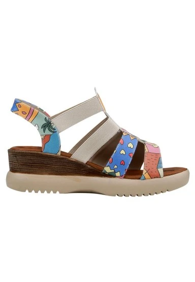 Femme Cuir Vegan Multicolore Sandales Compensées - Artsy Motif - 
