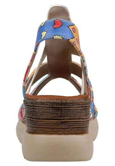 Femme Cuir Vegan Multicolore Sandales Compensées - Artsy Motif - 
