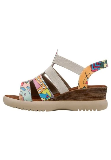 Femme Cuir Vegan Multicolore Sandales Compensées - Artsy Motif - 