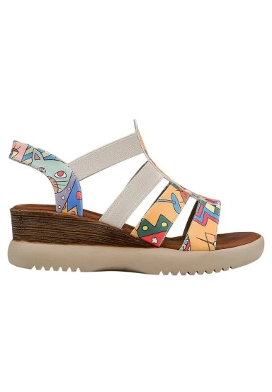 Femme Cuir Vegan Multicolore Sandales Compensées - Artsy Motif - 