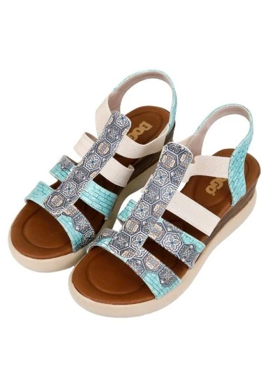 Femme Cuir Vegan Bleu Sandales Compensées - Ethnic Faience Motif - 
