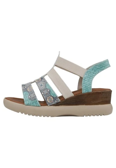 Femme Cuir Vegan Bleu Sandales Compensées - Ethnic Faience Motif - 