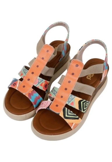 Femme Cuir Vegan Multicolore Sandales Compensées - Welcome To The Tribe Motif - 