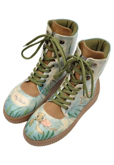 Femme Cuir Vegan Turquoise Bottes Longues - Hey Dude Motif - 