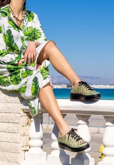 Femme Cuir Vegan Vert Baskets - Bamboo Lover Motif - 