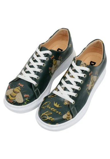 Femme Cuir Vegan Vert Baskets - Queen Bee Motif - 