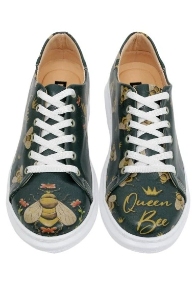 Femme Cuir Vegan Vert Baskets - Queen Bee Motif - 