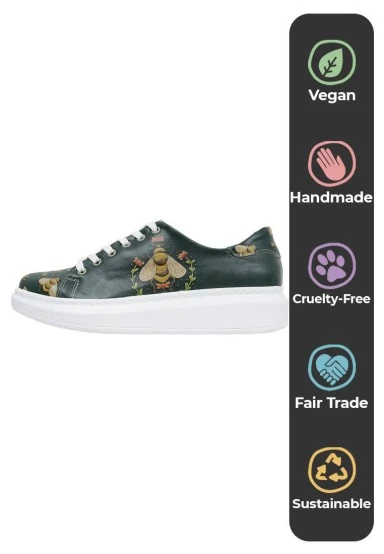 Femme Cuir Vegan Vert Baskets - Queen Bee Motif - 