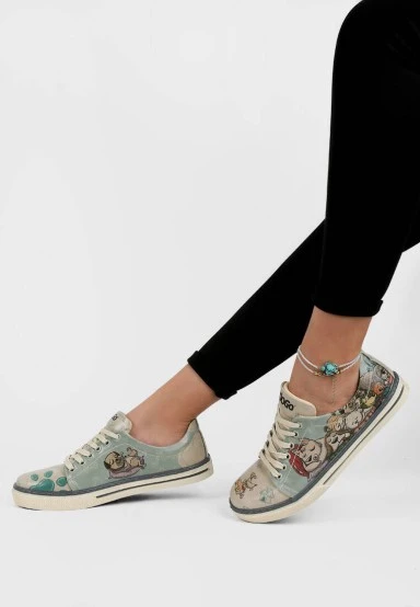 Femme Cuir Vegan Vert Baskets - Sleeping Dogs Motif - 