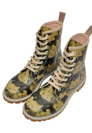Femme Cuir Vegan Vert Bottes Longues - Catmouflage Motif - 