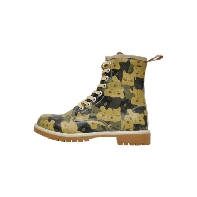 Femme Cuir Vegan Vert Bottes Longues - Catmouflage Motif - 