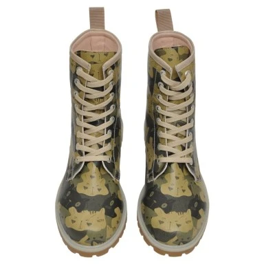 Femme Cuir Vegan Vert Bottes Longues - Catmouflage Motif - 