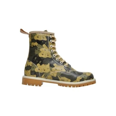 Femme Cuir Vegan Vert Bottes Longues - Catmouflage Motif - 