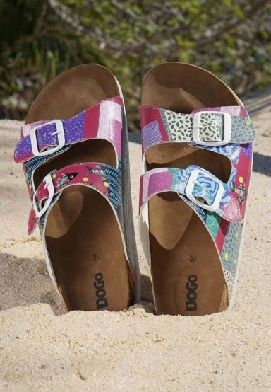 Femme Cuir Vegan Violet Sandales - Patch Fish Motif - 
