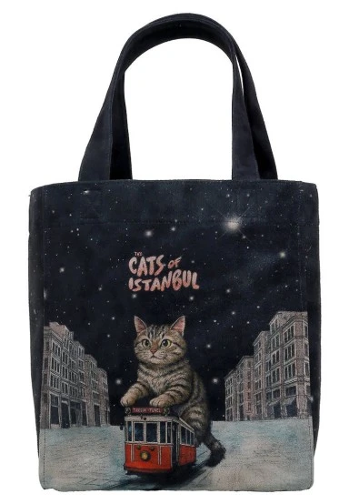 Femme Vegan Noir Large Tote Bag - Paws on Taksim Motif - 