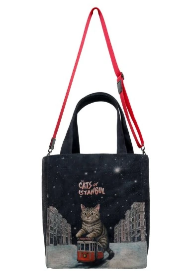 Femme Vegan Noir Large Tote Bag - Paws on Taksim Motif - 