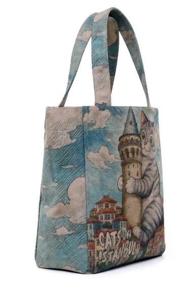 Femme Vegan Bleu Large Tote Bag - Galata Cat Motif - 