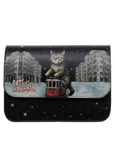 Femme Cuir Vegan Noir Sac à Main - Paws on Taksim Motif - 