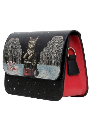 Femme Cuir Vegan Noir Sac à Main - Paws on Taksim Motif - 