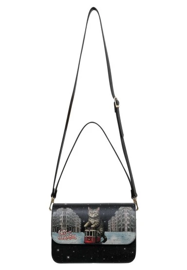 Femme Cuir Vegan Noir Sac à Main - Paws on Taksim Motif - 