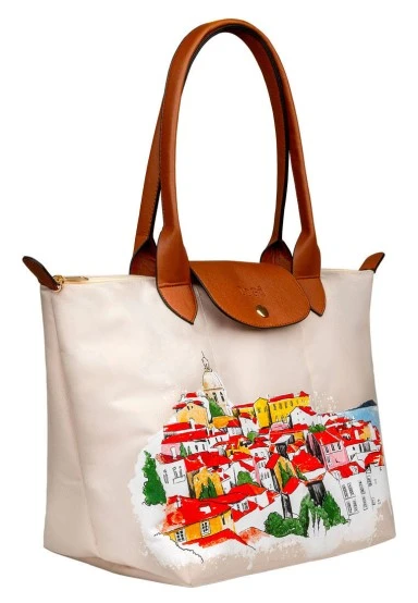 Femme Vegan Crème Large Sac à Main - On the Roofs Motif - 