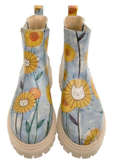 Femme Cuir Vegan Multicolore Bottes Longues - Cat Flower Motif - 