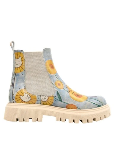 Femme Cuir Vegan Multicolore Bottes Longues - Cat Flower Motif - 