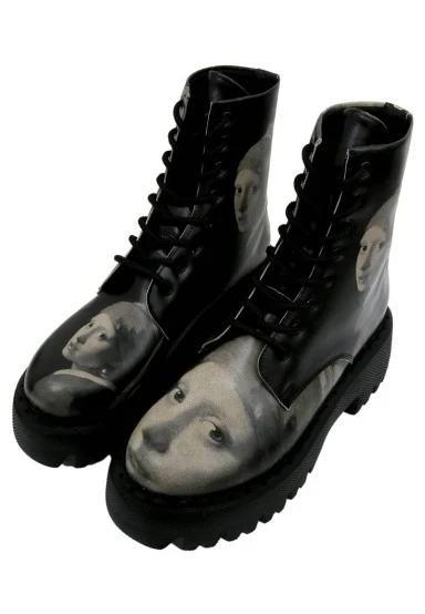 Femme Cuir Vegan Noir Bottes Longues - Girl With a Pearl Earring Motif - 