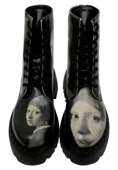 Femme Cuir Vegan Noir Bottes Longues - Girl With a Pearl Earring Motif - 