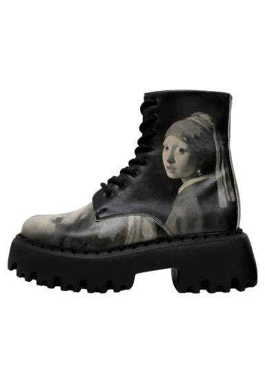 Femme Cuir Vegan Noir Bottes Longues - Girl With a Pearl Earring Motif - 