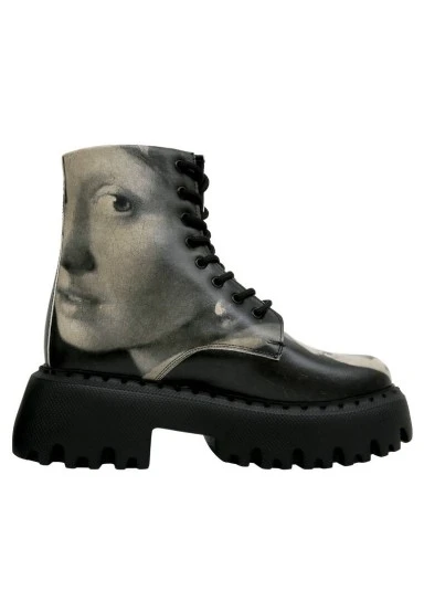 Femme Cuir Vegan Noir Bottes Longues - Girl With a Pearl Earring Motif - 