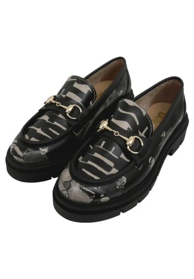Femme Cuir Vegan Noir Mocassins - Supper NoirWhite Motif - 