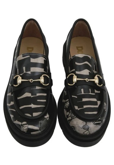 Femme Cuir Vegan Noir Mocassins - Supper NoirWhite Motif - 