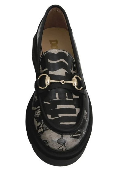 Femme Cuir Vegan Noir Mocassins - Supper NoirWhite Motif - 