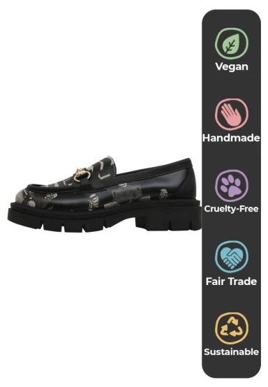 Femme Cuir Vegan Noir Mocassins - Supper NoirWhite Motif - 