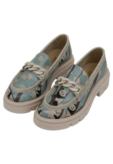 Femme Cuir Vegan Turquoise Mocassins - Panda Hug Motif - 