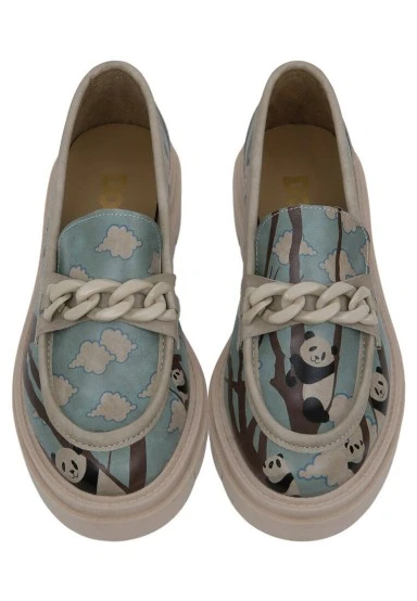 Femme Cuir Vegan Turquoise Mocassins - Panda Hug Motif - 