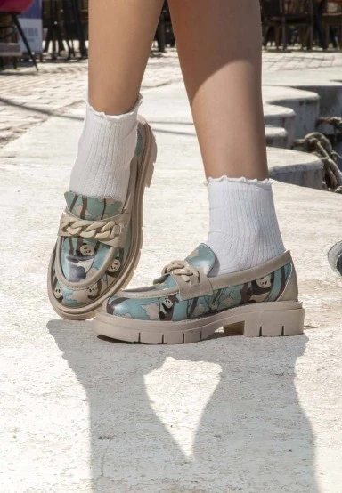 Femme Cuir Vegan Turquoise Mocassins - Panda Hug Motif - 
