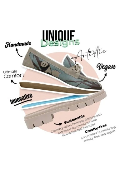 Femme Cuir Vegan Turquoise Mocassins - Panda Hug Motif - 