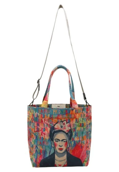 Femme Vegan Multicolore Large Tote Bag - Frida Kahlo in Letters Motif - 